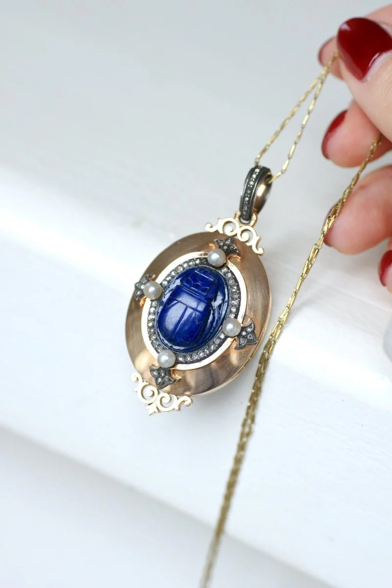 Médaillon Ancien Scarabée Lapis Lazuli Diamants et Perles - Image 7