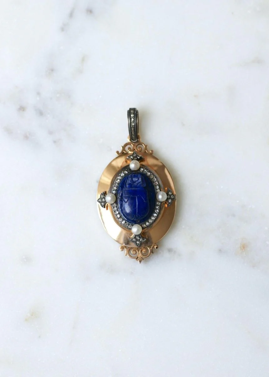 Médaillon Ancien Scarabée Lapis Lazuli Diamants et Perles - Image 9