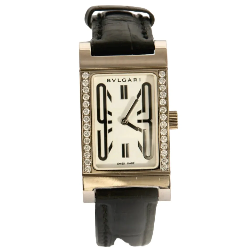 Montre BULGARI "Retrangolo" en or blanc, cuir, quartz et diamants