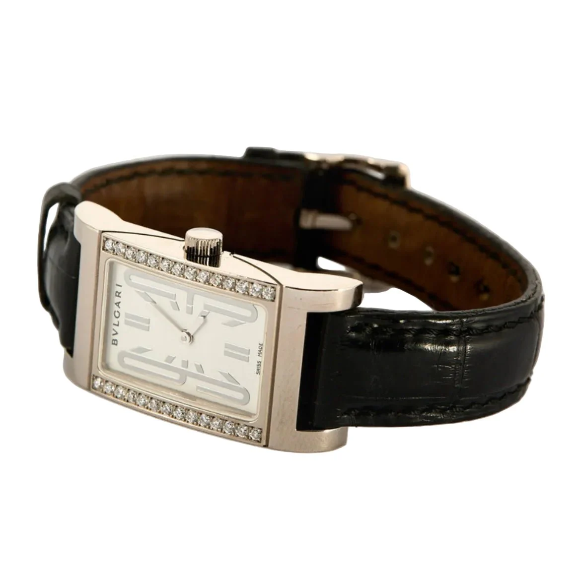 Montre BULGARI "Retrangolo" en or blanc, cuir, quartz et diamants - Image 3