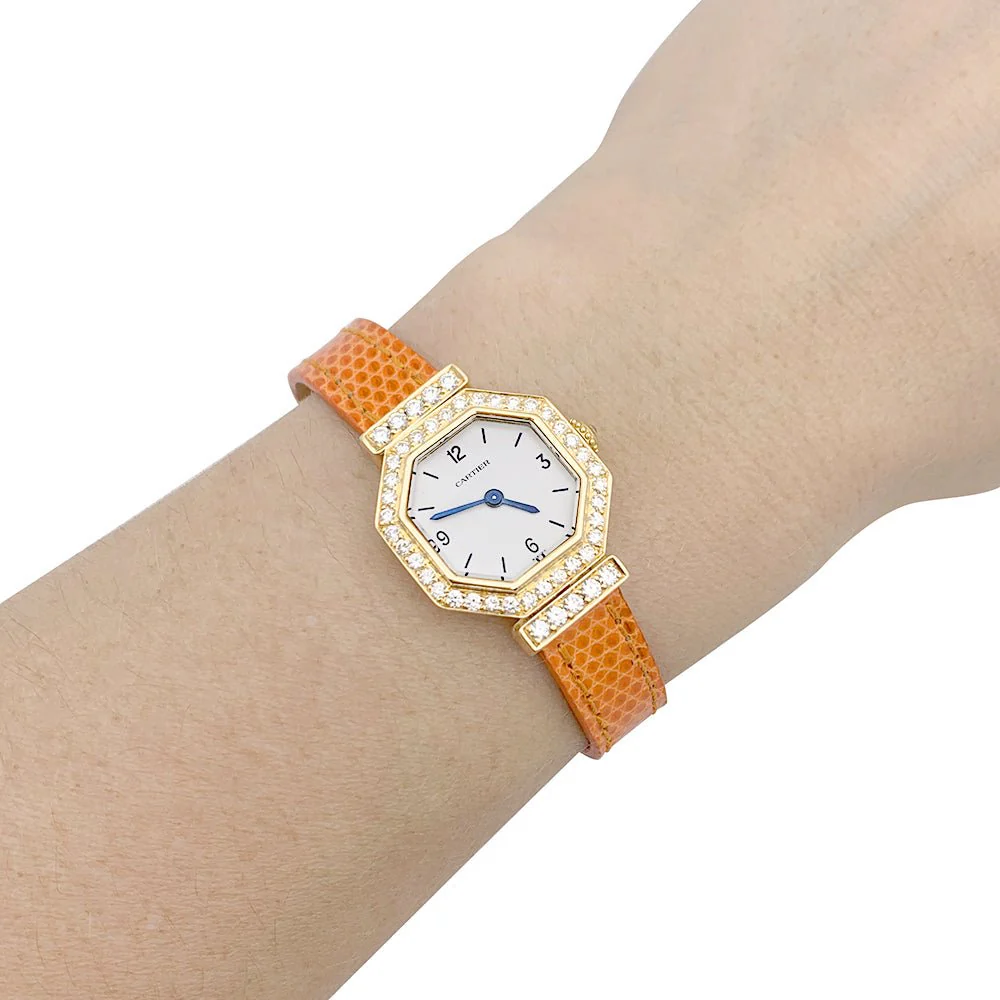 Montre Mécanique CARTIER "Andine" en or jaune, or rose, cuir et diamants - Image 2
