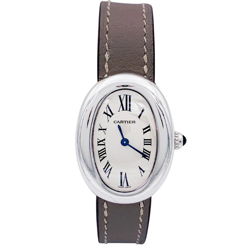 Montre Cartier, "Baignoire", or blanc, cuir.