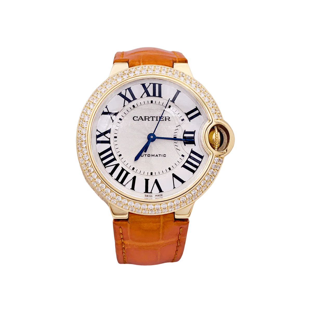 Montre CARTIER "Ballon Bleu" en or jaune, or rose, argent, cuir et diamants