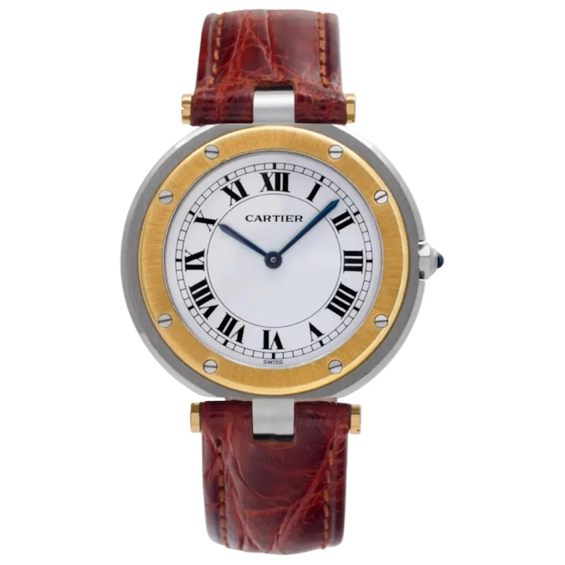 Montre CARTIER "Santos Galbée" en or jaune, acier, cuir et quartz