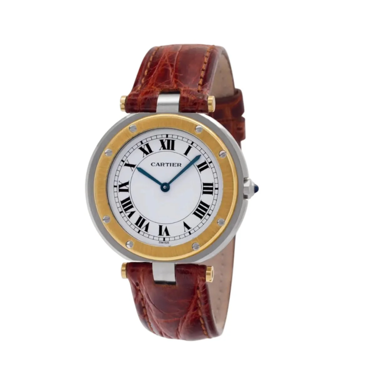 Montre CARTIER "Santos Galbée" en or jaune, acier, cuir et quartz - Image 2