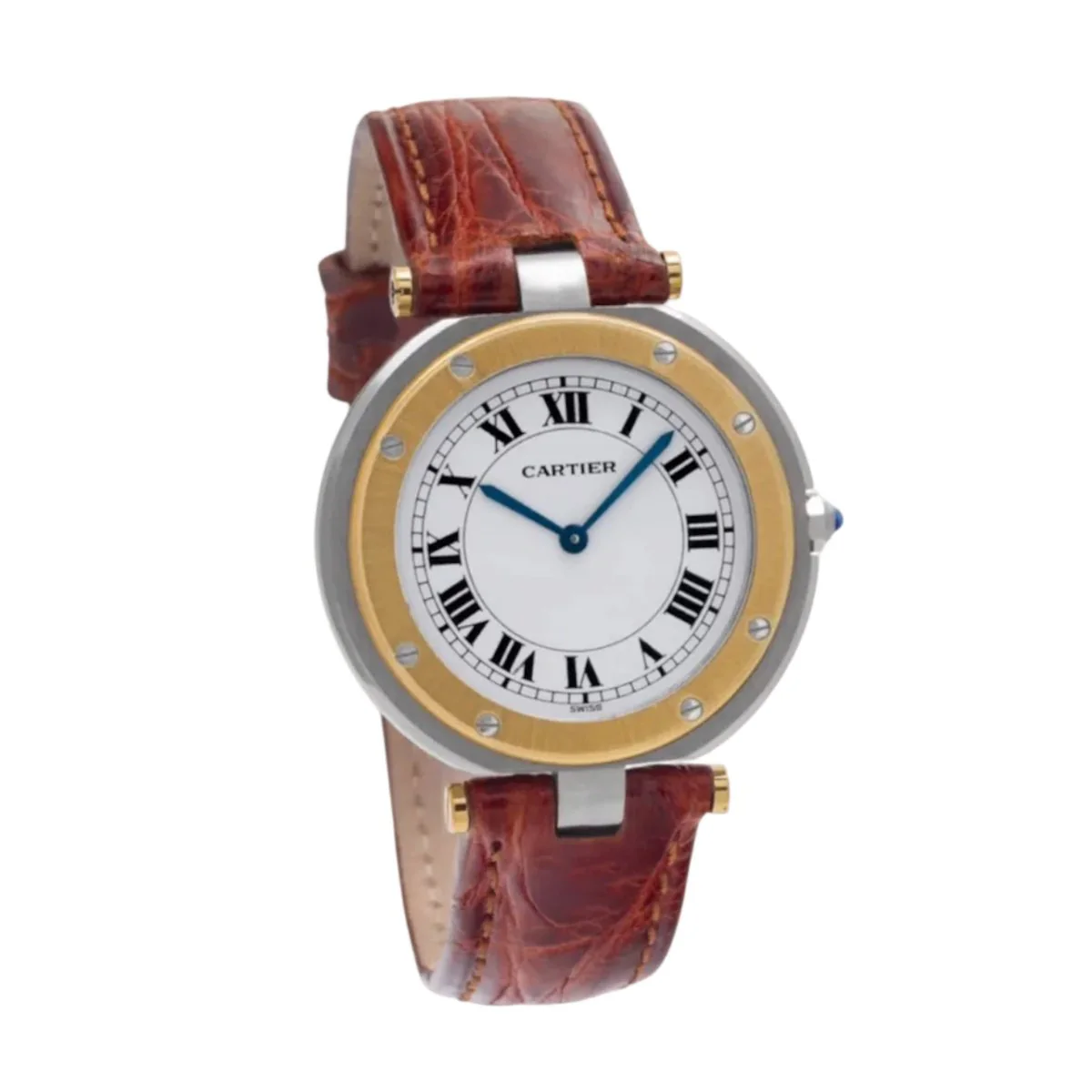 Montre CARTIER "Santos Galbée" en or jaune, acier, cuir et quartz - Image 3