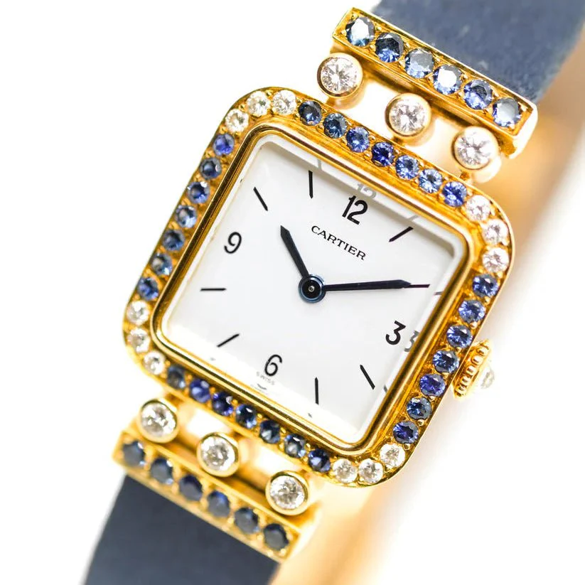 Montre CARTIER "Sonate" en or jaune, saphirs et diamants - Image 3