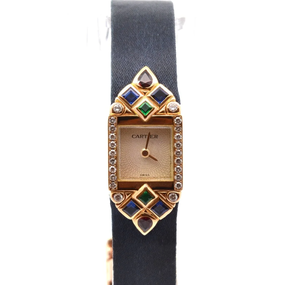 Montre Quartz CARTIER "St Petersburg" en or, cuir, tissu et saphirs, émeraudes, rubis et diamants - Image 3