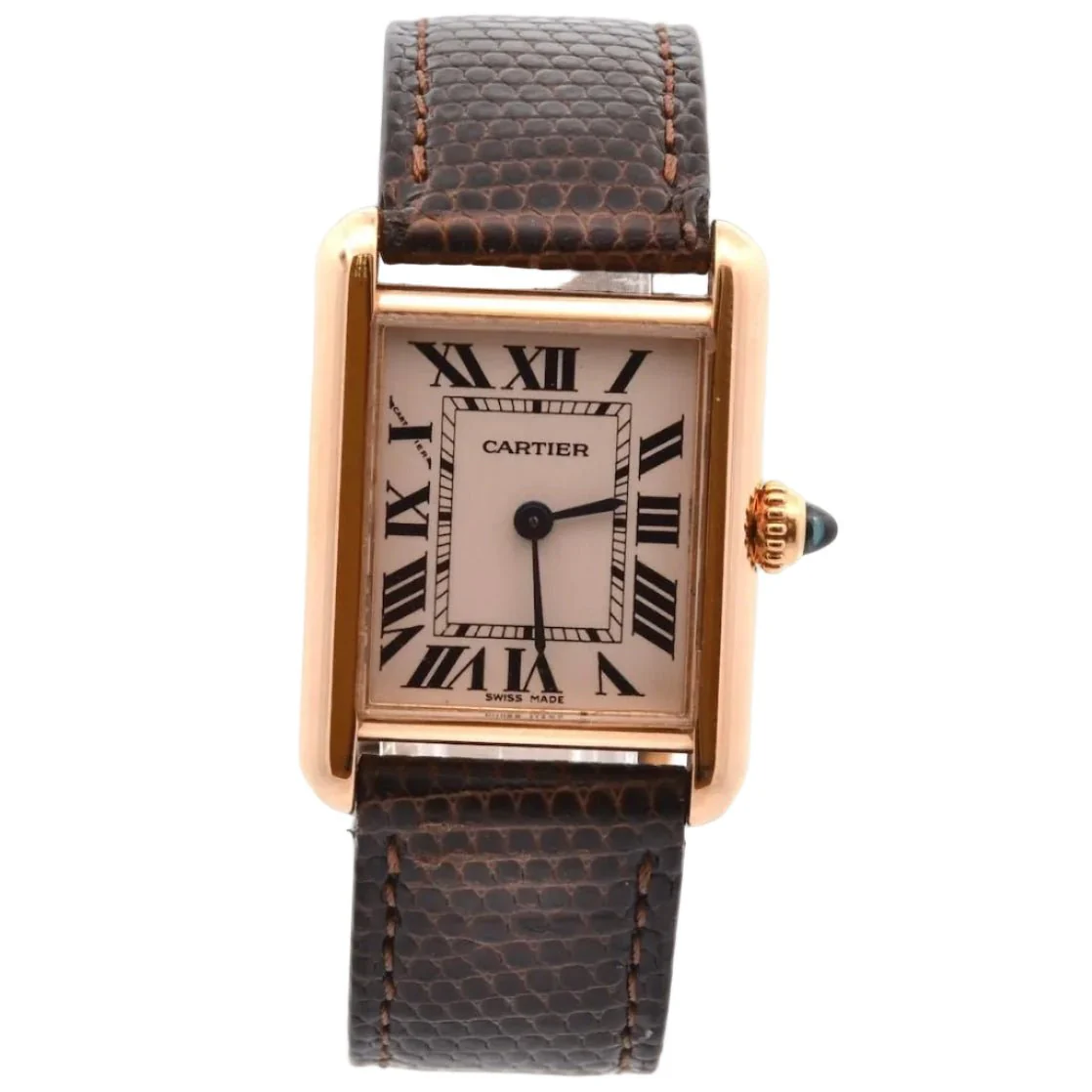 Montre CARTIER "Tank Louis Cartier" en or rose, cuir, plexi et quartz