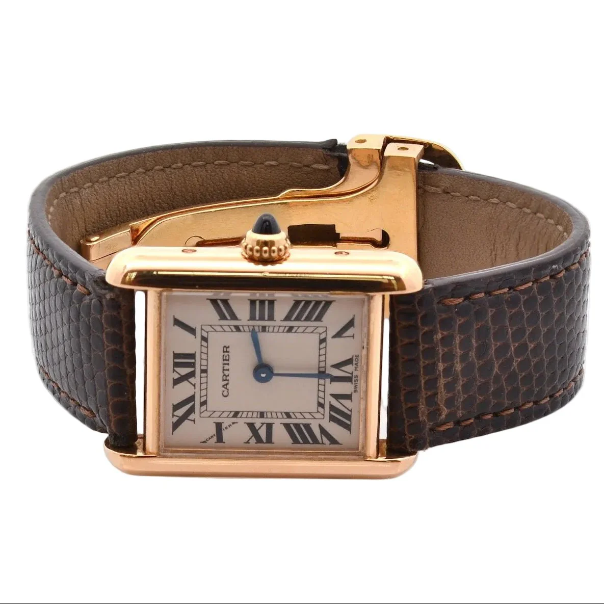 Montre CARTIER "Tank Louis Cartier" en or rose, cuir, plexi et quartz - Image 2