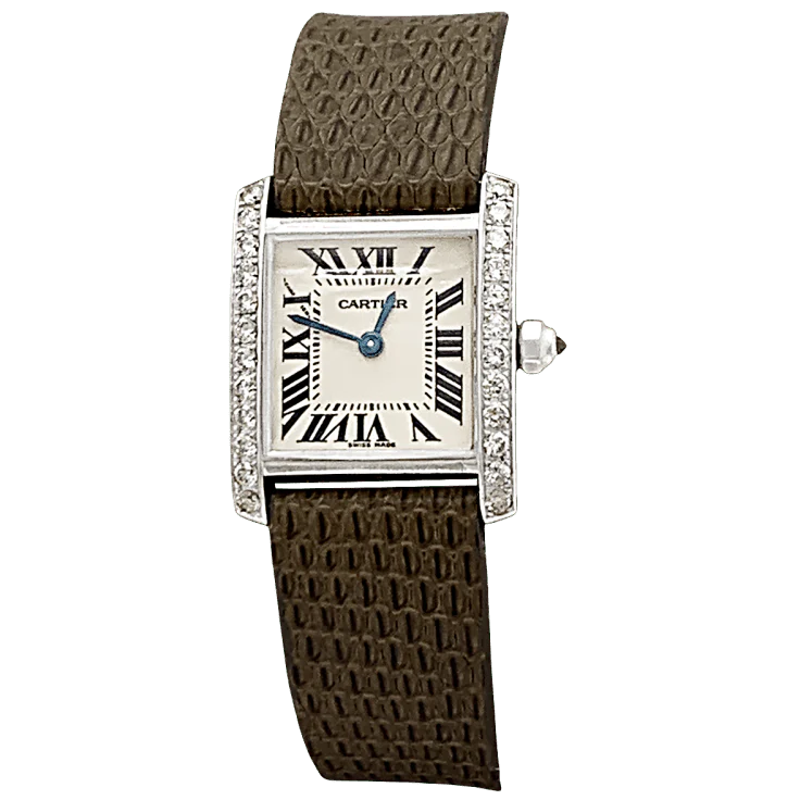 Montre CARTIER "Tank Française" en or blanc, cuir, acier et diamants
