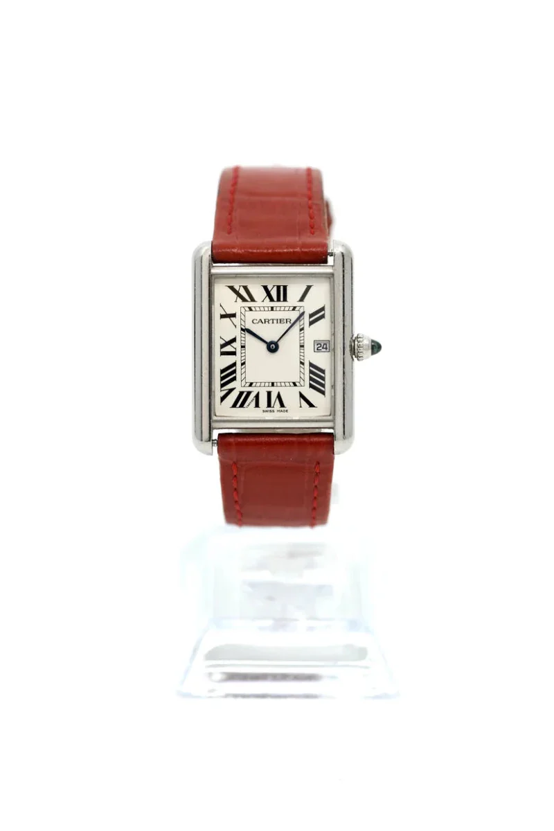 Montre CARTIER "Tank Louis" en or blanc, saphir et cuir