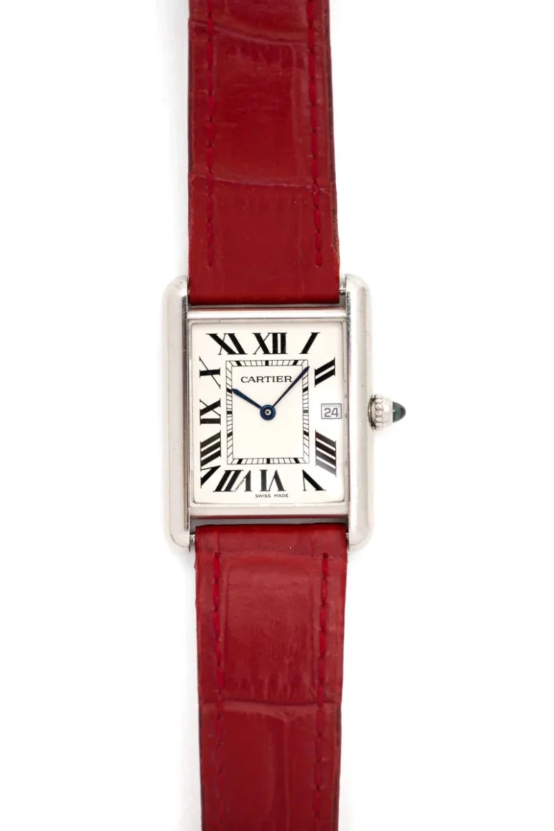 Montre CARTIER "Tank Louis" en or blanc, saphir et cuir - Image 4