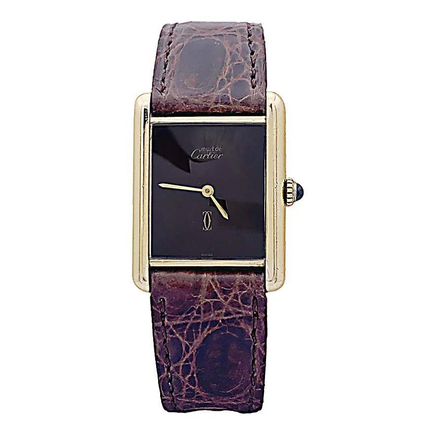 Montre CARTIER "Tank Must" argent plaqué or, cadran laqué marron.
