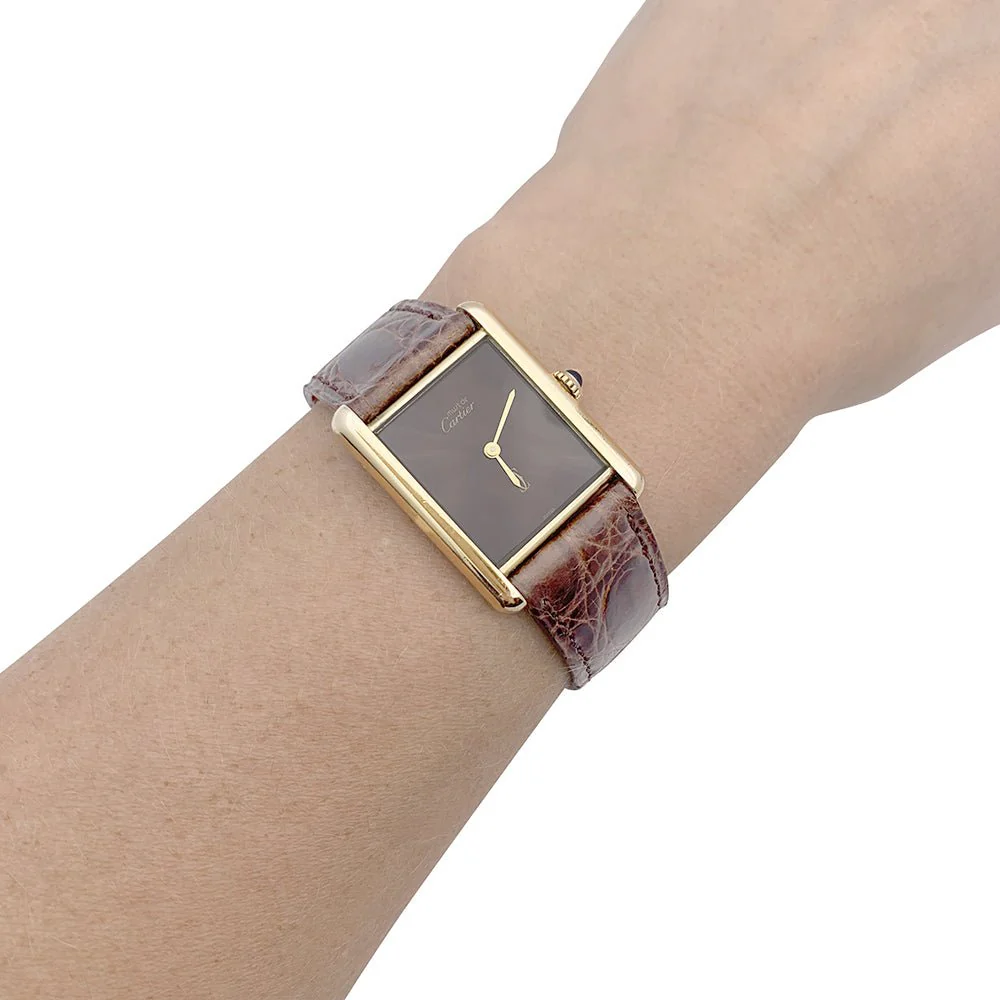 Montre CARTIER "Tank Must" argent plaqué or, cadran laqué marron. - Image 6