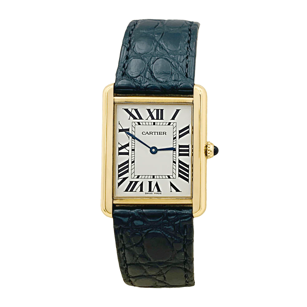 Montre CARTIER "Tank Solo" en or jaune, argent, cuir, acier et spinelle