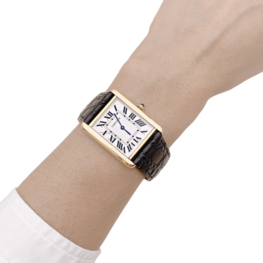 Montre CARTIER "Tank Solo" en or jaune, argent, cuir, acier et spinelle - Image 2