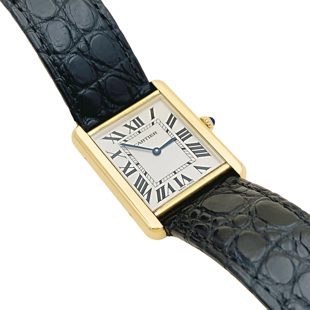 Montre CARTIER "Tank Solo" en or jaune, argent, cuir, acier et spinelle - Image 3