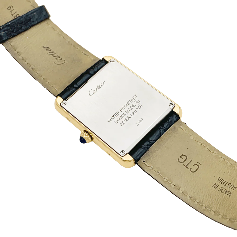 Montre CARTIER "Tank Solo" en or jaune, argent, cuir, acier et spinelle - Image 4