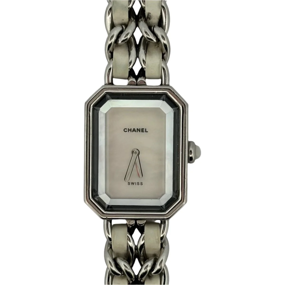 Montre CHANEL, "Première" en acier, cuir blanc et nacre