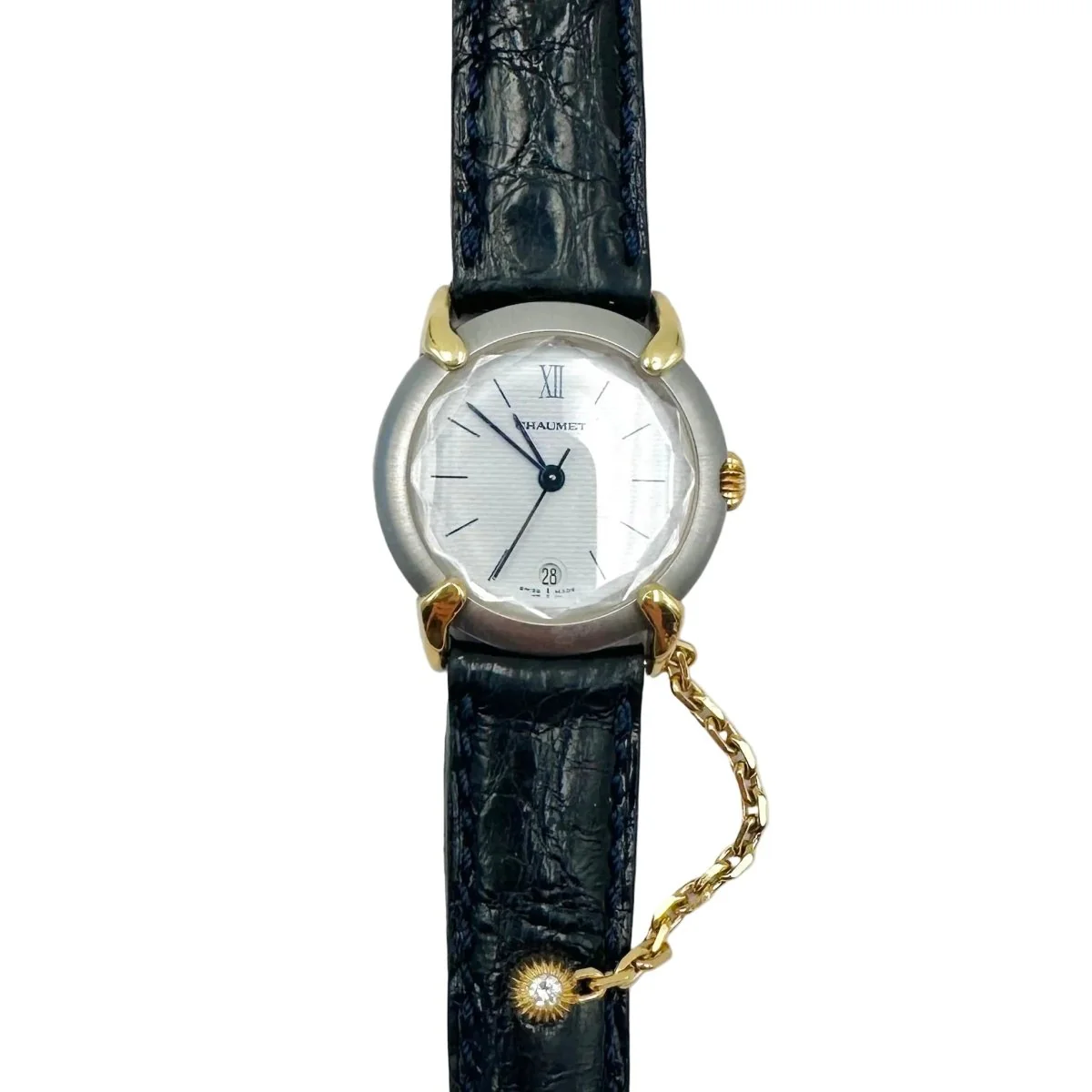 Montre CHAUMET "Élysées" en or jaune, acier, cuir et diamant