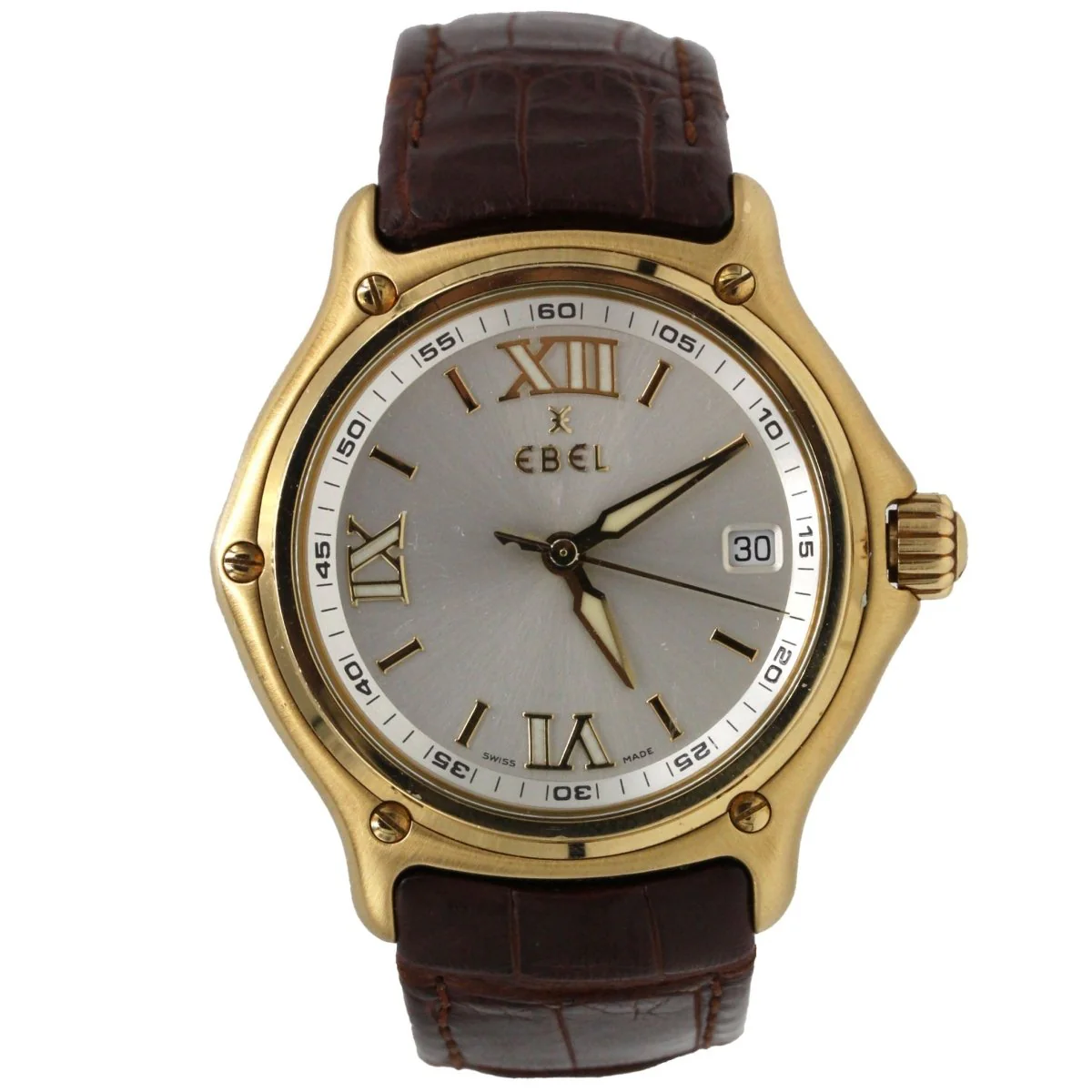 Montre EBEL "1911" en or jaune, argent, cuir et quartz