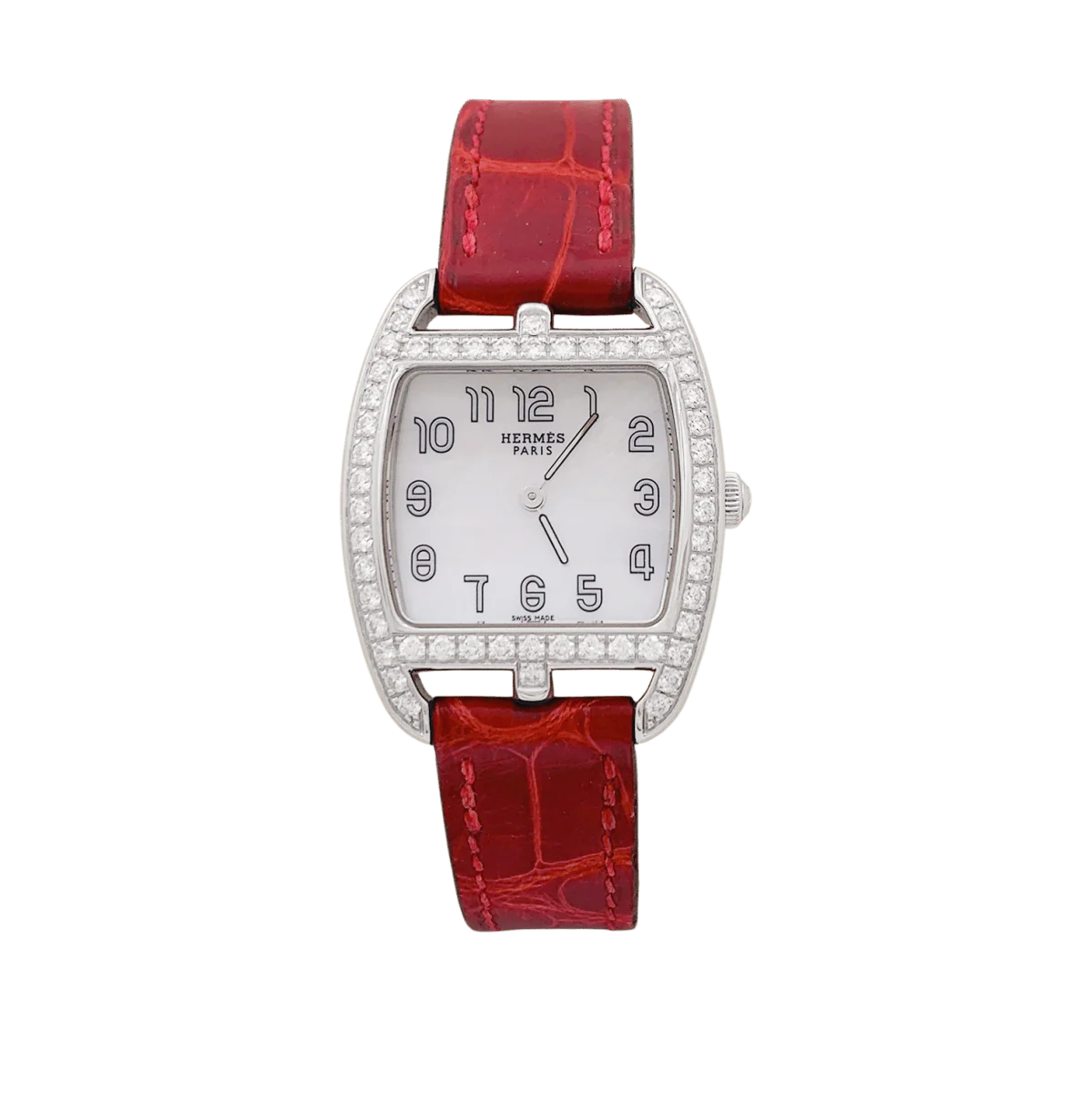 Montre Hermès, "Cape Cod Tonneau", en acier et diamants sur cuir.