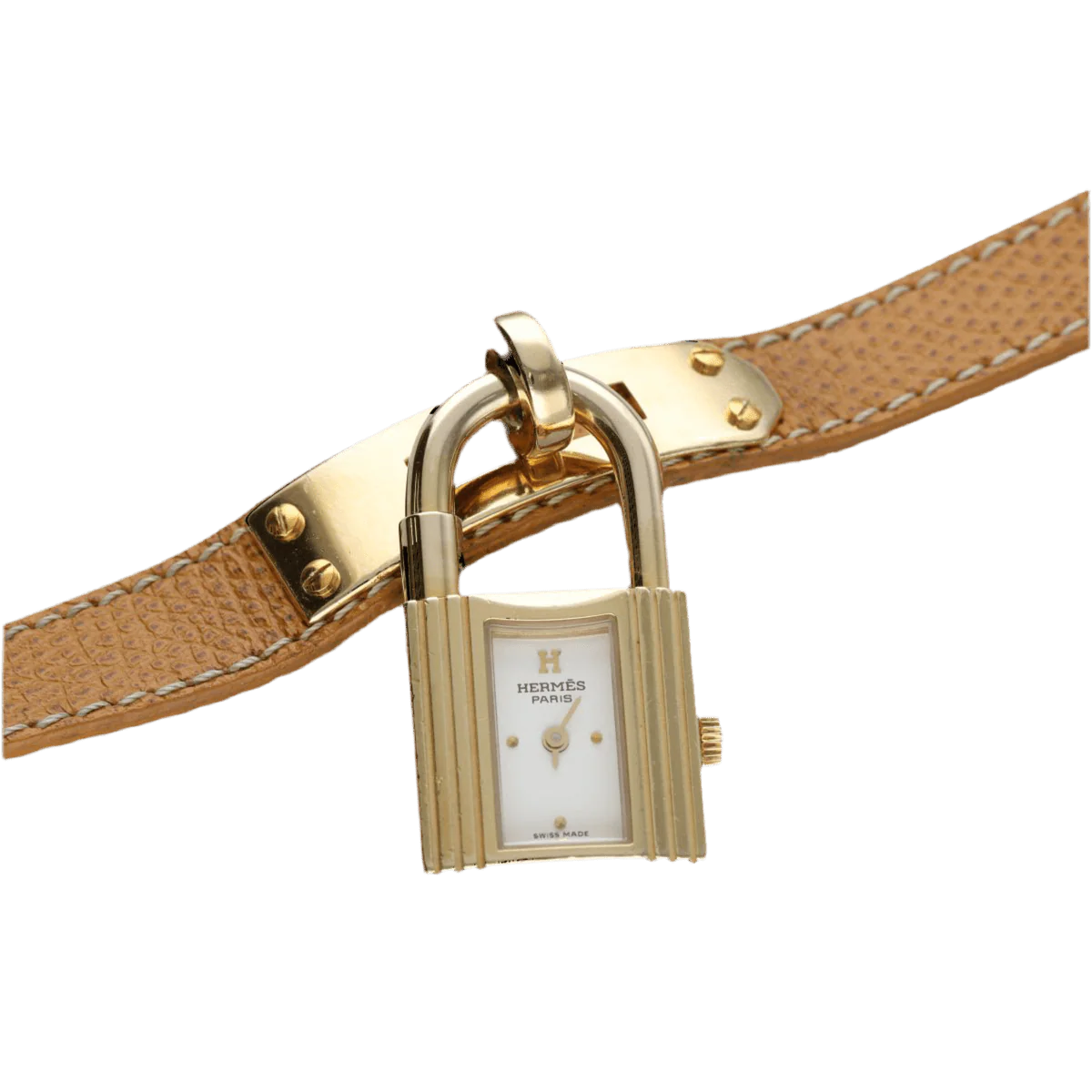 Montre HERMÈS "Kelly" en métal doré et cuir marron - Image 3