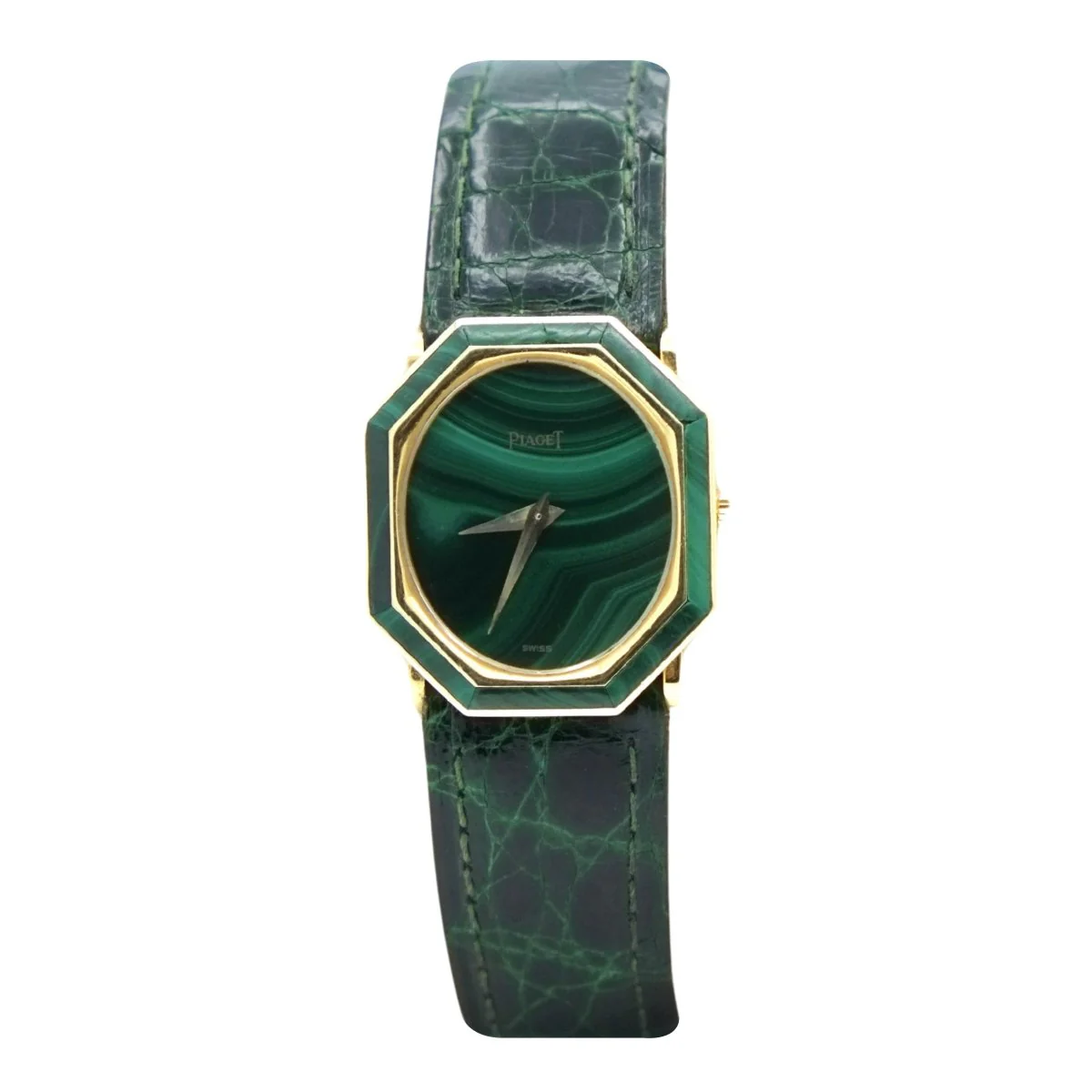 Montre octogonale PIAGET "9341" en or jaune, malachite et cuir