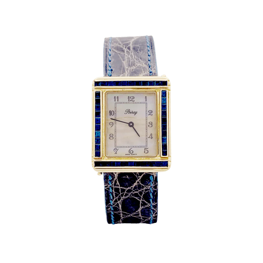 Montre POIRAY "Ma Première" en or jaune, nacre, cuir et saphirs