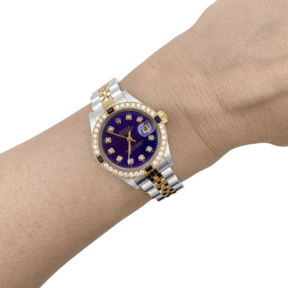 Montre ROLEX "Oyster Perpetual DateJust" en or jaune, acier, saphirs et diamants - Image 2