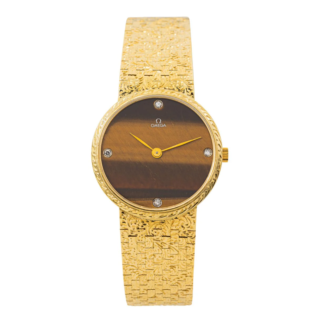Montre OMEGA en or jaune, oeil de tigre et diamants