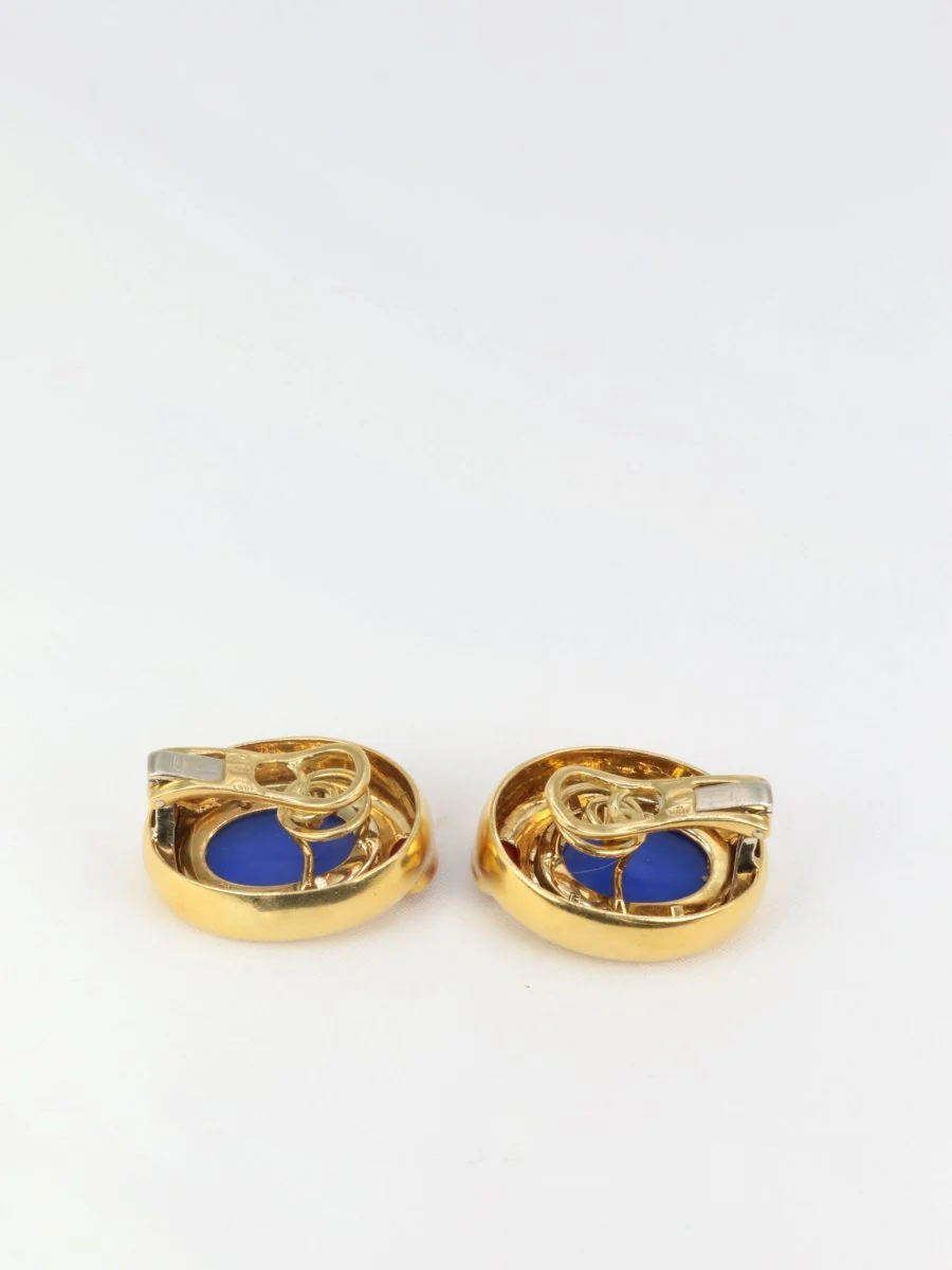 Clips d’oreilles vintage en or, intaille en verre bleu et cornaline - Image 9