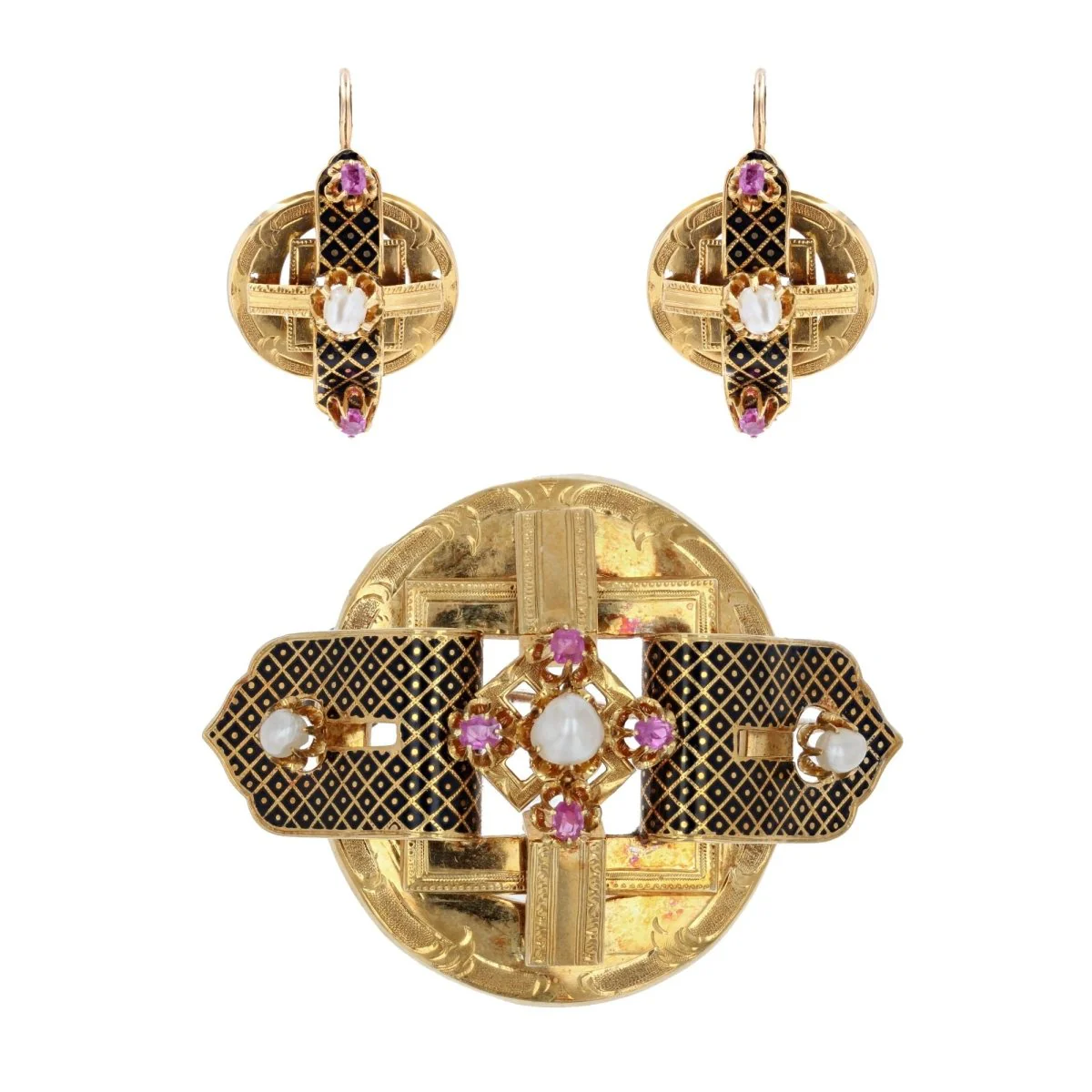 Parure Broche Épingle et Boucles d'oreilles Dormeuses en or jaune, perles et rubis