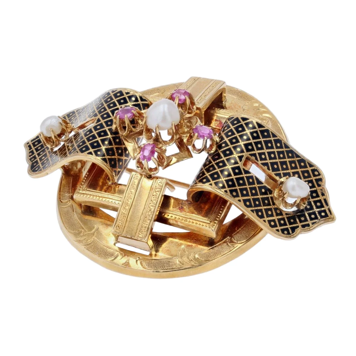 Parure Broche Épingle et Boucles d'oreilles Dormeuses en or jaune, perles et rubis - Image 3