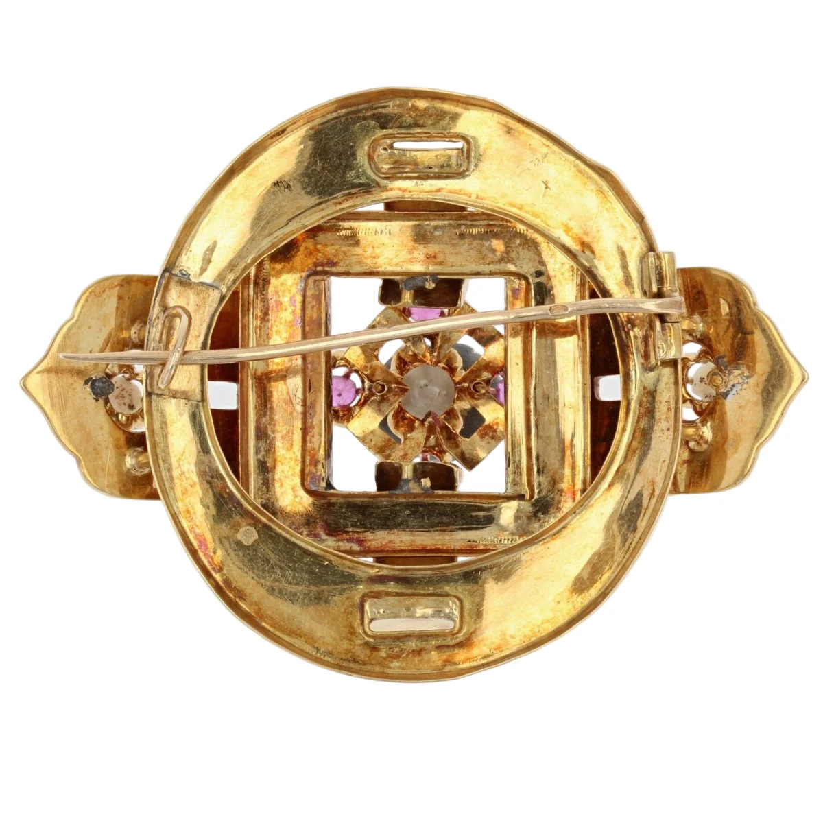 Parure Broche Épingle et Boucles d'oreilles Dormeuses en or jaune, perles et rubis - Image 4