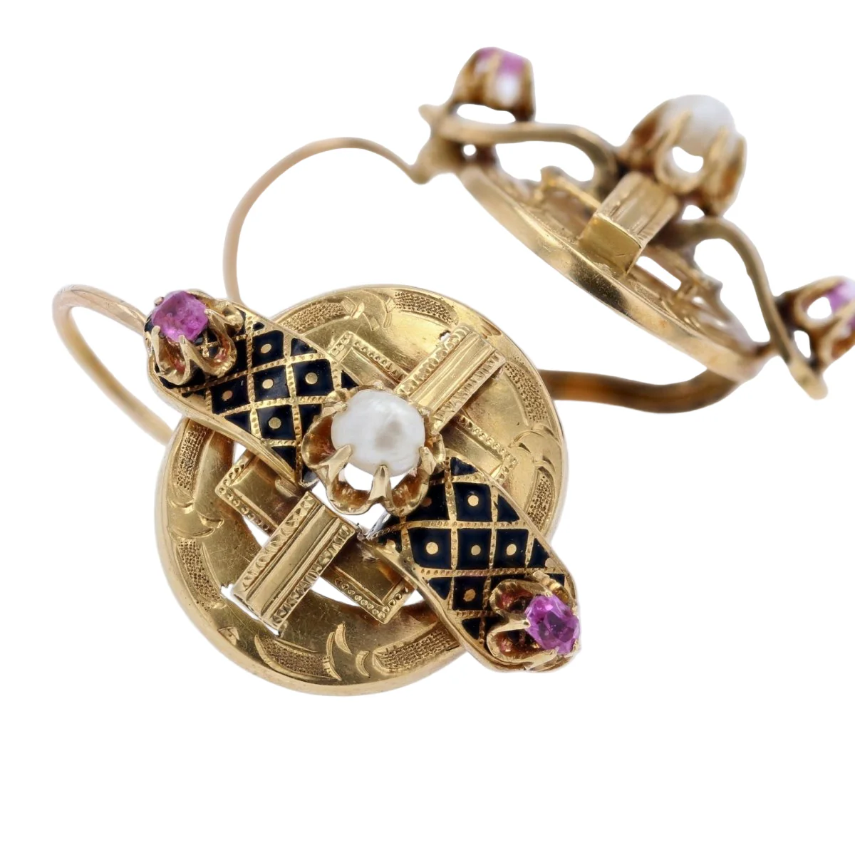 Parure Broche Épingle et Boucles d'oreilles Dormeuses en or jaune, perles et rubis - Image 6