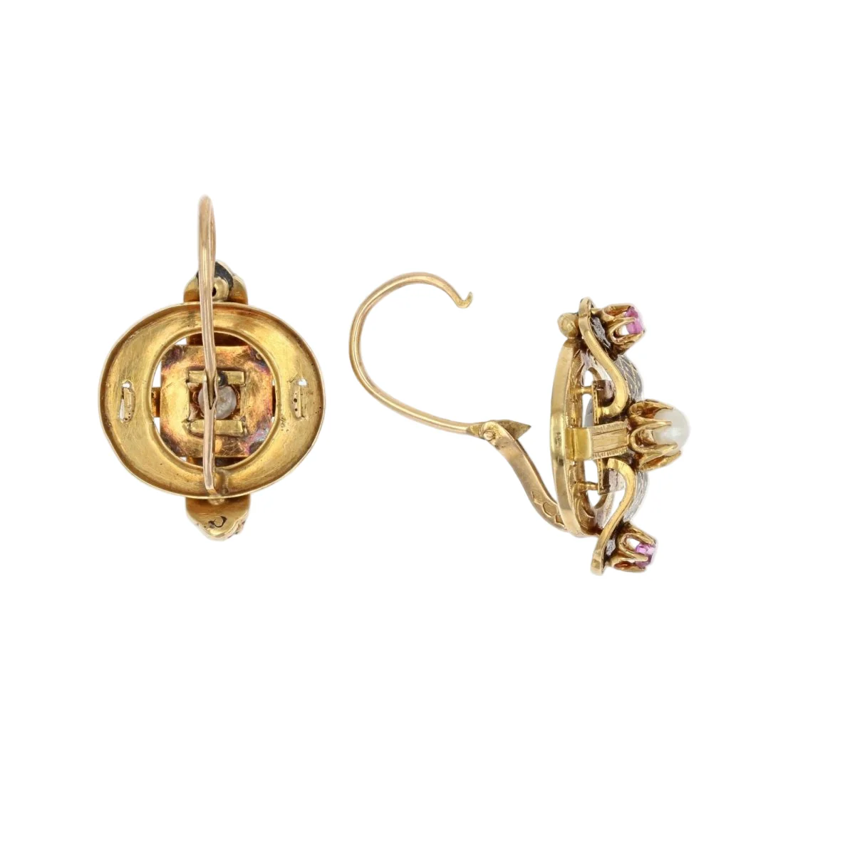 Parure Broche Épingle et Boucles d'oreilles Dormeuses en or jaune, perles et rubis - Image 7