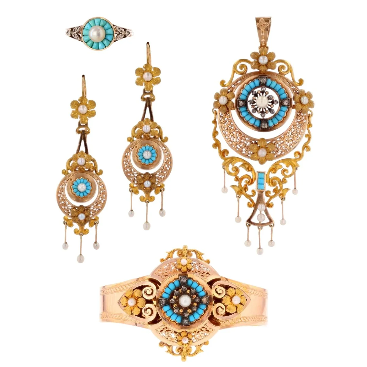Parure en or rose, perles, turquoises et diamants
