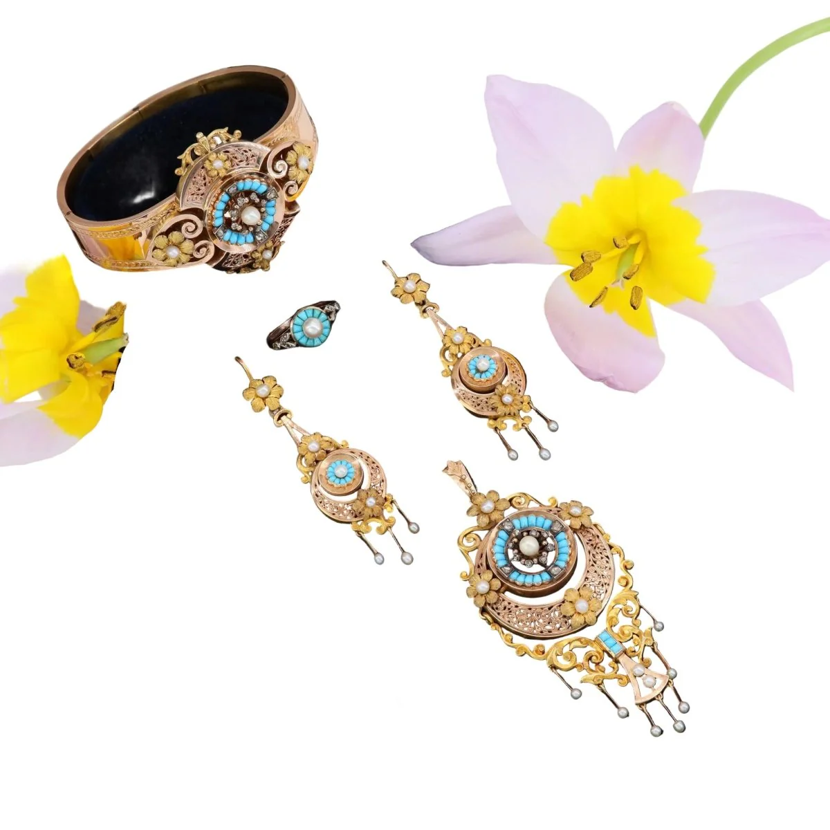 Parure en or rose, perles, turquoises et diamants - Image 8