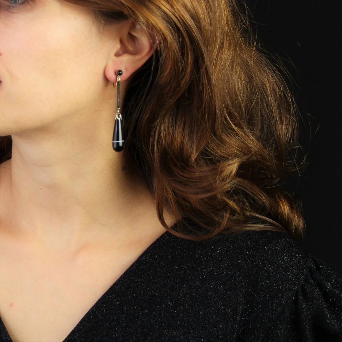 Boucles d'oreilles Pendantes en or jaune, onyx et agate - Image 2