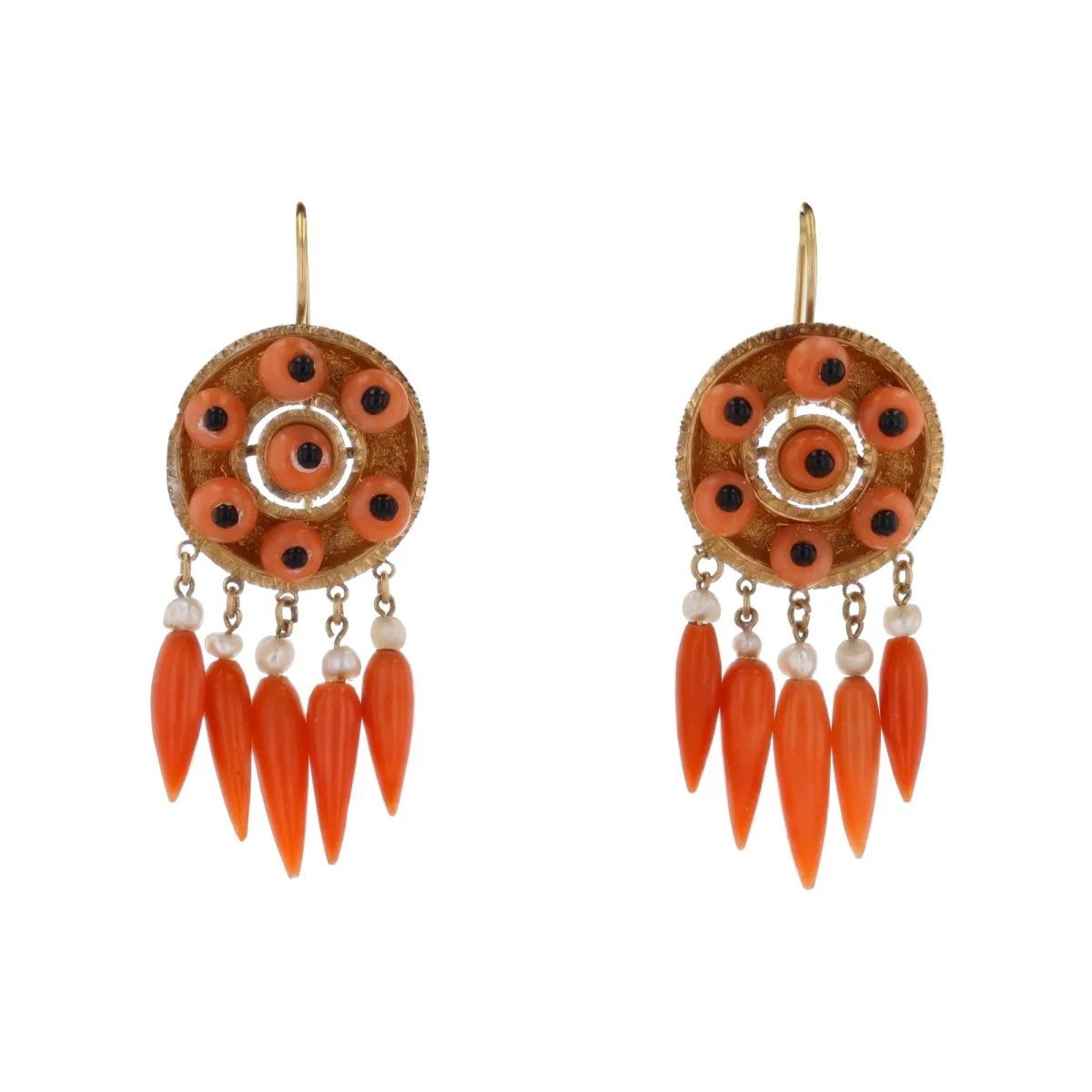 Boucles d'oreilles Pendantes en or jaune, corail, onyx et perles
