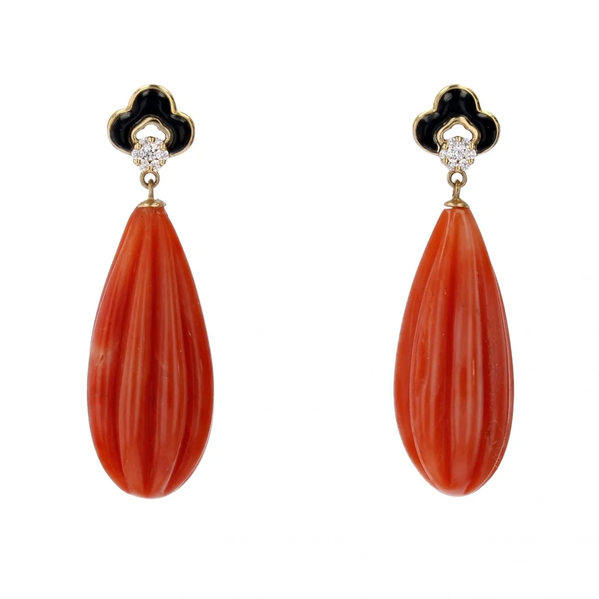 Boucles d'oreilles Pendantes en or jaune, onyx, corail et diamants