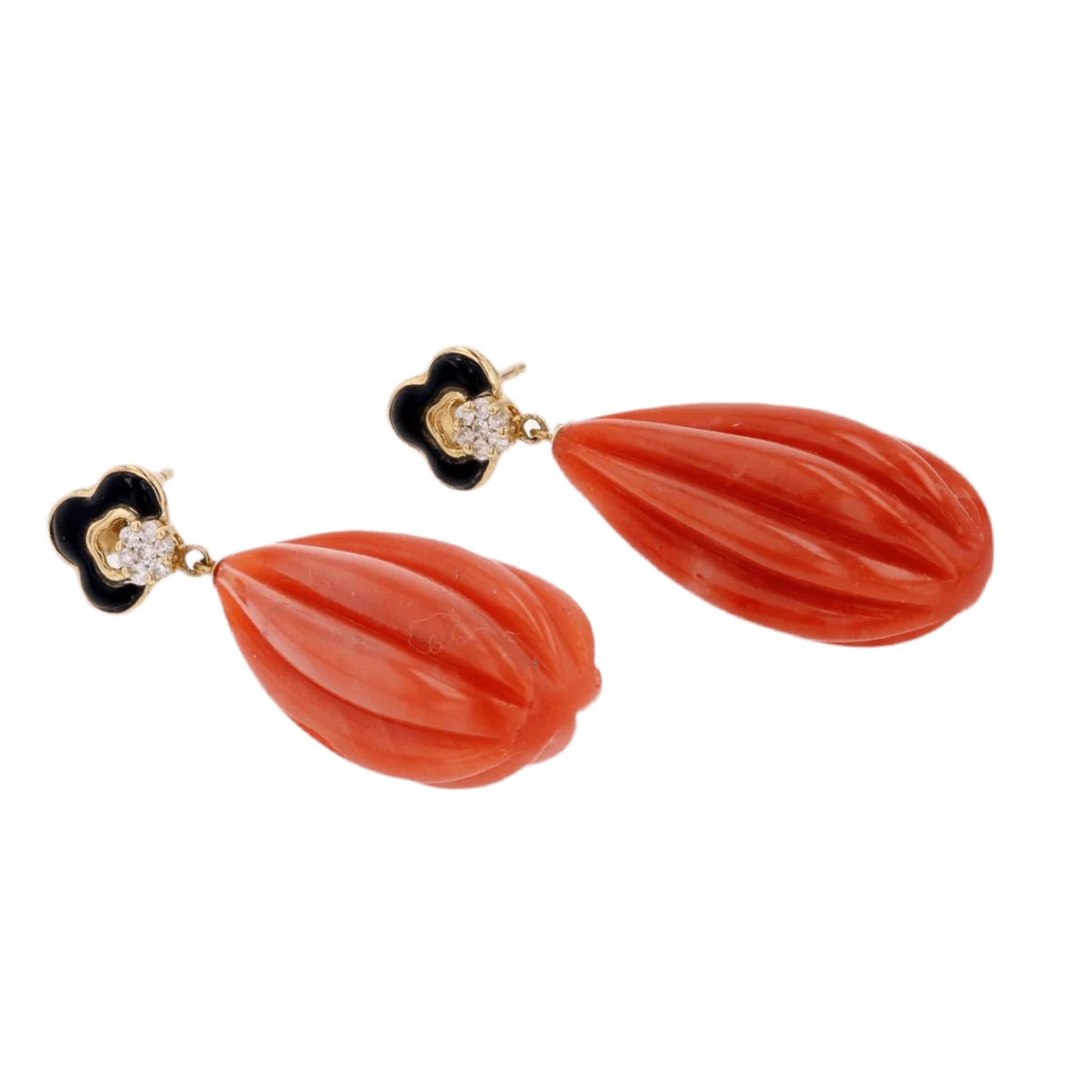 Boucles d'oreilles Pendantes en or jaune, onyx, corail et diamants - Image 3
