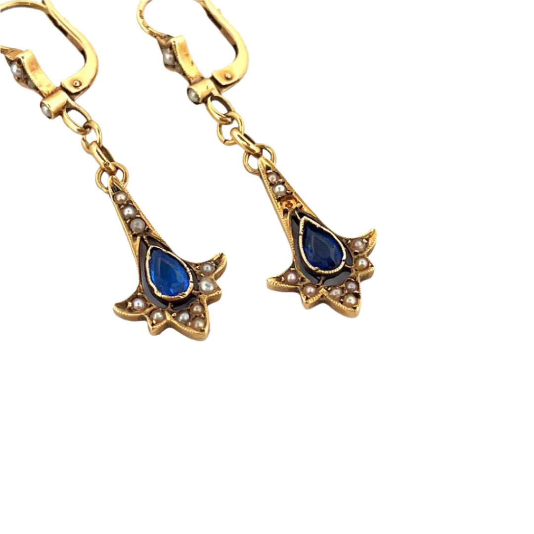 Boucles d'oreilles Pendantes en or jaune, saphir et perles - Image 2