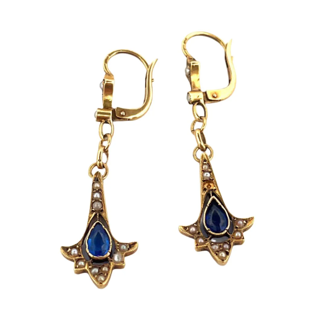 Boucles d'oreilles Pendantes en or jaune, saphir et perles - Image 3