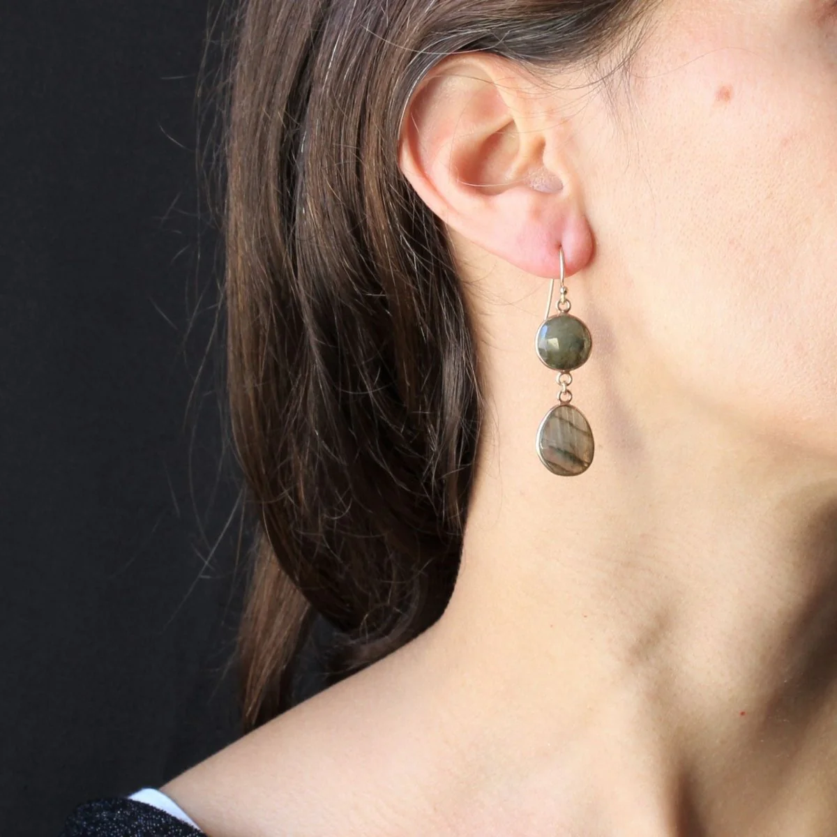 Boucles d'oreilles Pendantes en or rose, vermeil et labradorite - Image 2