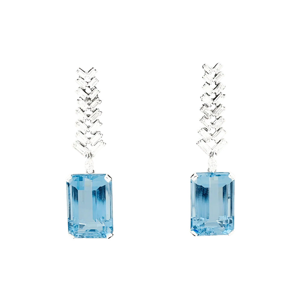 Boucles d'oreilles Pendantes en or blanc, platine, aigue-marine et diamants