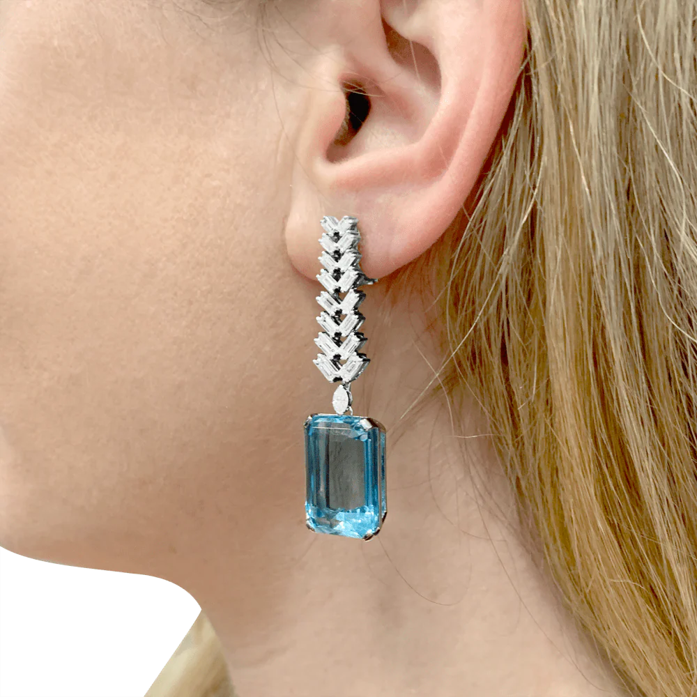 Boucles d'oreilles Pendantes en or blanc, platine, aigue-marine et diamants - Image 2