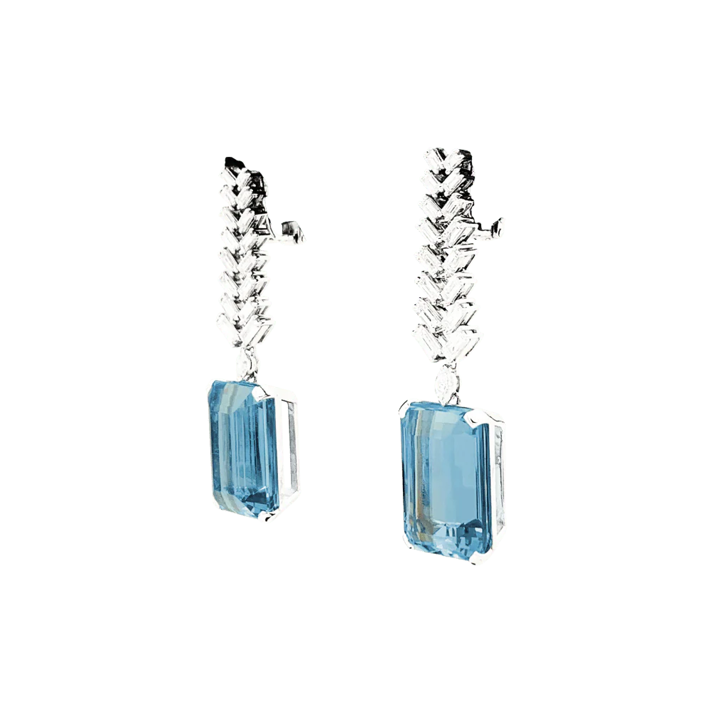 Boucles d'oreilles Pendantes en or blanc, platine, aigue-marine et diamants - Image 3